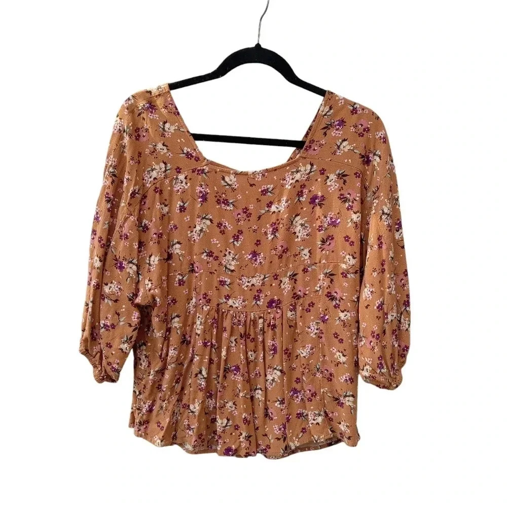 4/$10 Maurices Floral Burnt Orange Purple Flowy Crop Top Size Small Square Neck